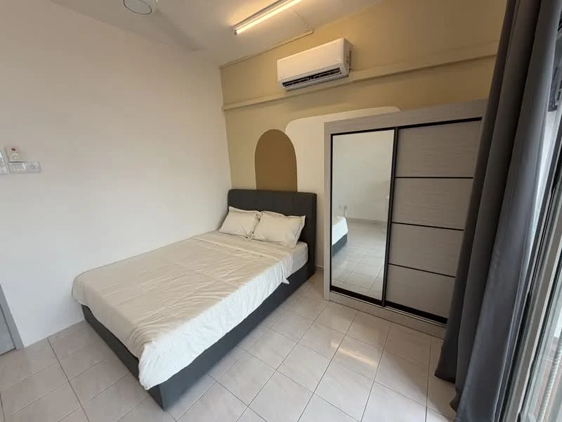 Bedroom features: queen-size bed with grey upholstered headboard, white bedding, built-in wardrobe with sliding doors, wall-mounted air conditioning unit, light grey painted walls, white tiled flooring, curtains, recessed ceiling lights; style: modern.