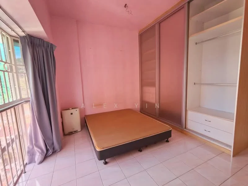 Bedroom features: pink painted walls, white tiled flooring, single bed frame, built-in wardrobe with sliding doors, window with metal grille, curtains, air conditioning unit, light fixture on ceiling.