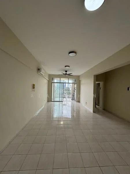 Living features: white painted walls, glossy floor tiles, 5-blade ceiling fan, recessed downlights, large sliding glass door, floor-to-ceiling windows, air conditioning unit, open layout; style: modern; view: city.
