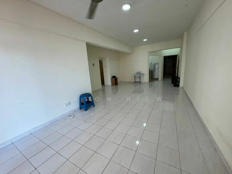 Room features: white painted walls, glossy ceramic tile flooring, ceiling lights, 5-blade ceiling fan, open layout, large windows, neutral color scheme, no visible furniture; style: modern.