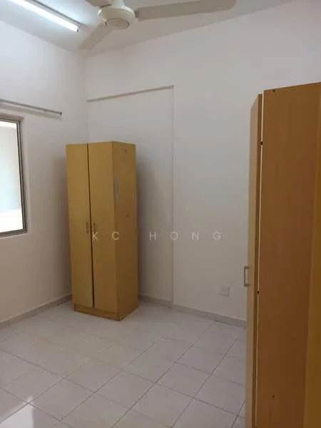 Room features: white painted walls, white ceiling, ceiling fan, tile flooring, two wooden wardrobes, window with blinds.