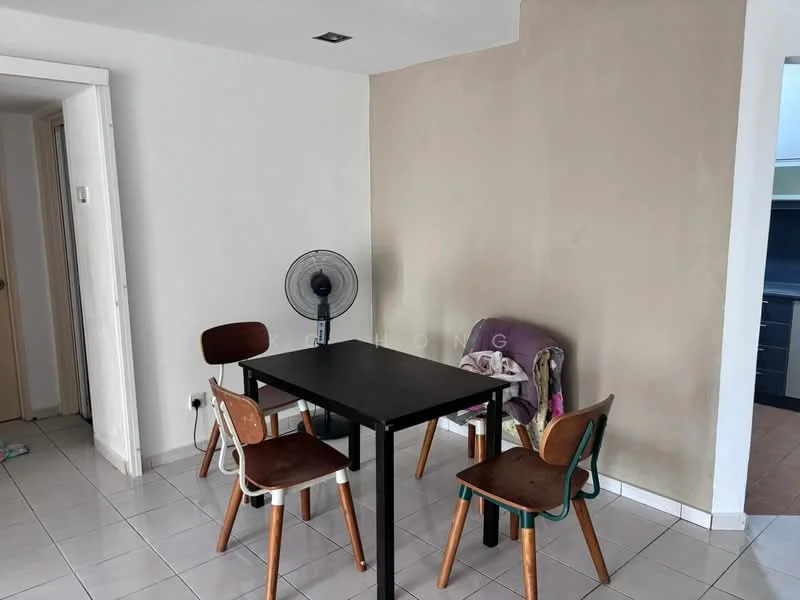 Dining features: black square dining table, 4 wooden dining chairs, white painted walls, cream accent wall, tile flooring, ceiling fan, decorative throw on chair; style: modern.