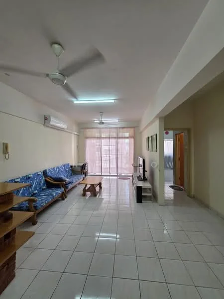Living features: white painted walls, glossy tile flooring, 5-blade ceiling fan, sofa with blue fabric upholstery, wooden coffee table, TV console, wall-mounted TV, sliding glass door, curtains, air conditioning unit; style: modern.