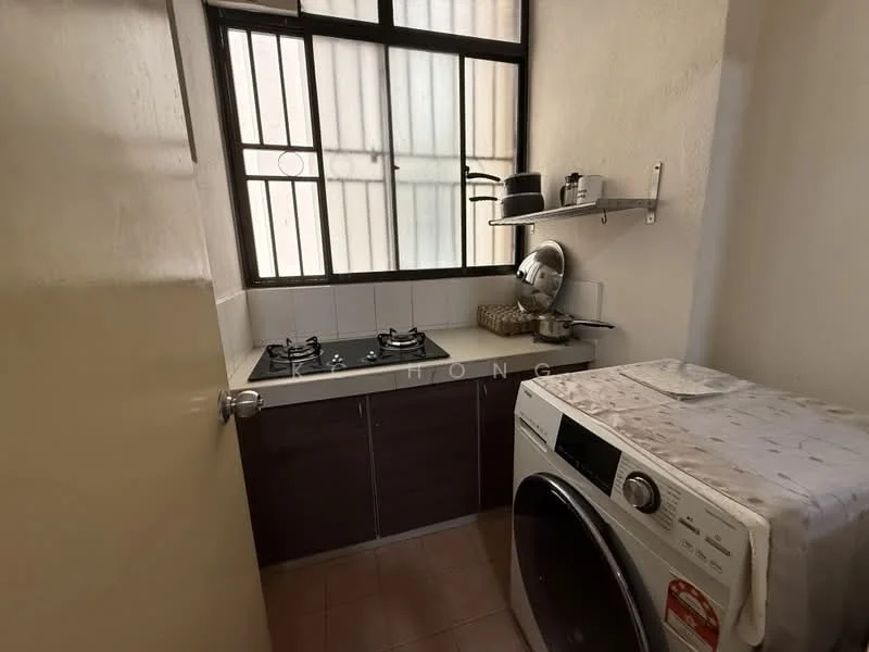 Kitchen features: two-burner gas hob, stainless-steel sink, wood cabinetry, white tiled backsplash, countertop with storage underneath, washing machine, open shelving, window for natural light, tile flooring; style: modern.