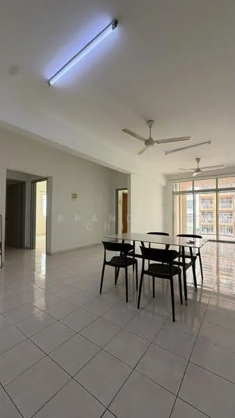 Dining features: white painted walls, glossy white tile flooring, 2 ceiling fans, dining table with 4 black chairs, large floor-to-ceiling windows, natural light, neutral color scheme, open layout; style: modern; view: city. Room features: white painted walls, glossy white tile flooring, 2 ceiling fans.