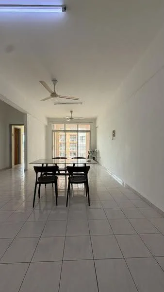 Dining features: white painted walls, glossy white tile flooring, 5-blade ceiling fan, dining table with four black chairs, large windows with sheer curtains, natural light from windows, open layout, neutral color scheme; style: minimalist; view: city.