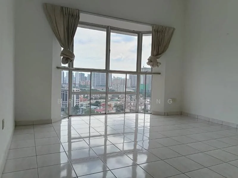 Room features: white painted walls, ceramic tile flooring, floor-to-ceiling windows, sheer curtains, city view; view: city.