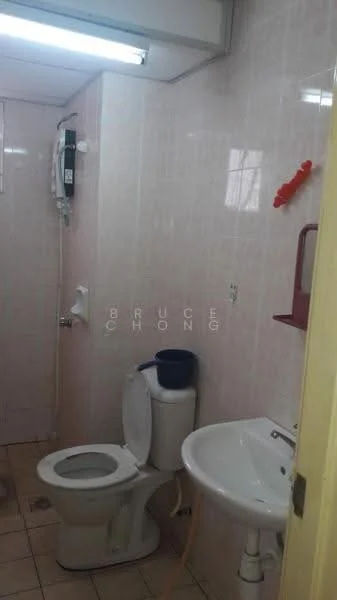 Bathroom features: white tiled walls, cream tiled flooring, one-piece toilet, single-sink vanity with white cabinet, chrome basin mixer faucet, mirror above sink, shower head mounted on wall, water heater mounted on wall.