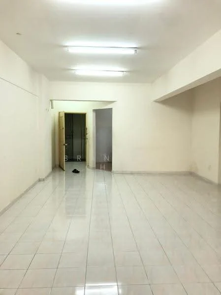 Room features: white painted walls, glossy white tile flooring, fluorescent ceiling lights, open layout, single door entrance, neutral color scheme; style: modern.