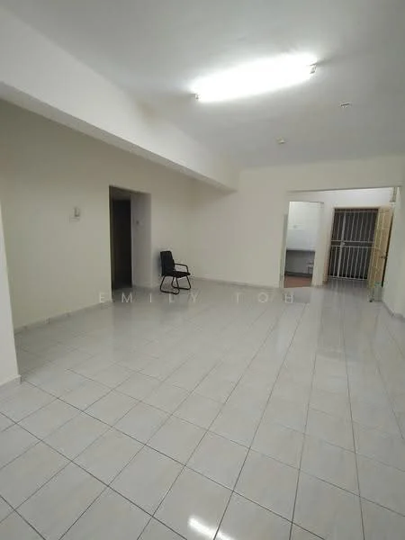 Room features: white painted walls, grey tiled flooring, ceiling lights, open layout, doorway leading to another room, window with security bars, single black chair; style: minimalist.