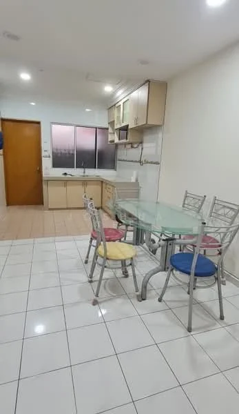 Dining features: glass dining table, metal dining chairs with colored cushions, white tiled flooring, light wood cabinetry, built-in kitchen counter, microwave, kitchen sink, window with city view, recessed ceiling lights, open layout to kitchen; style: modern; view: city.