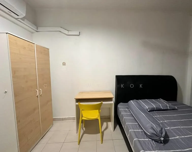 Bedroom features: single bed with grey bedding, yellow plastic chair, wooden desk, built-in wardrobe with light wood finish, wall-mounted air conditioning unit, white painted walls, tile flooring; style: minimalist.