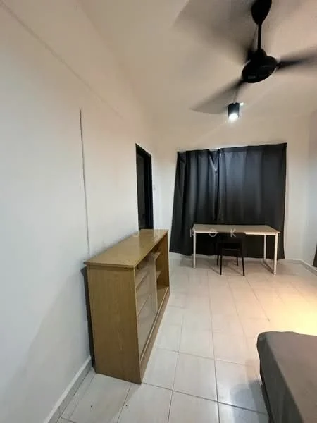 Room features: white painted walls, tile flooring, ceiling fan, black curtains, wooden dresser, desk with chair, light fixture on ceiling; style: modern.