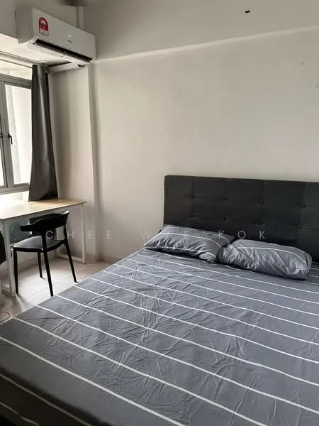 Bedroom features: grey upholstered bed frame, queen-size bed with grey striped bedding, 2 grey pillows, wall-mounted split AC unit, window with sheer curtains, small wooden desk, black chair, white painted walls, tile flooring; style: minimalist.