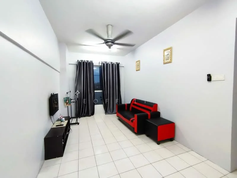 Living features: white painted walls, tile flooring, 5-blade ceiling fan, sofa in red and black, wall-mounted TV, TV console, curtains in grey, decorative wall frames, floor-to-ceiling window; style: modern; view: city.