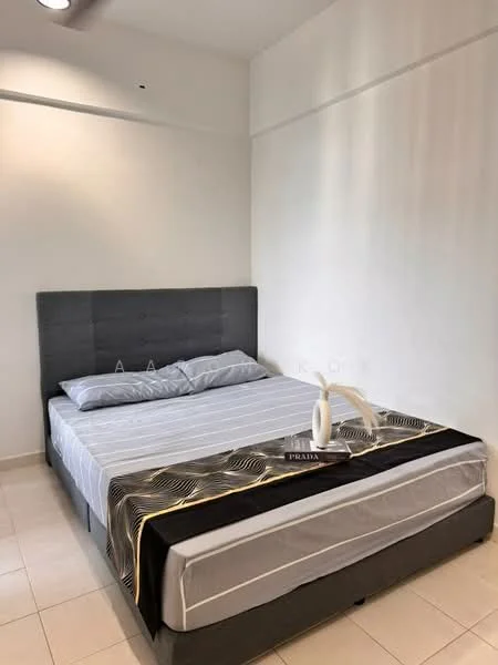 Bedroom features: queen-size bed, upholstered headboard in grey, white bedding with decorative throw, bedside table, decorative vase on bedside table, white walls, tile flooring, ceiling light fixture; style: modern.