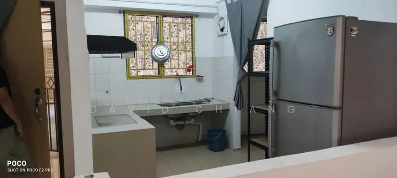 Kitchen features: single-bowl stainless-steel sink, chrome pull-down faucet, white tiled backsplash, white cabinets, built-in countertop, freestanding stainless-steel fridge, grey curtain, window with decorative grille, floor tiles, open shelving unit, grey wall paint; style: modern.