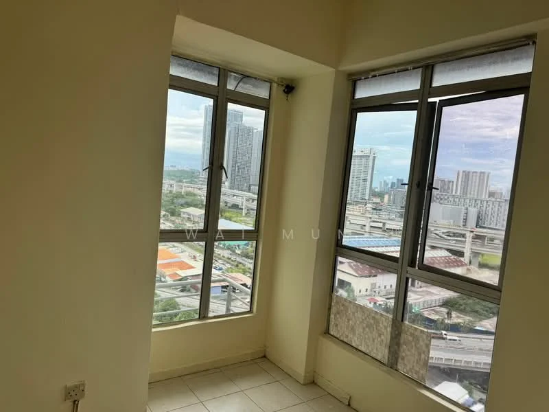 Room features: floor-to-ceiling windows, white painted walls, tile flooring, city view, corner window, natural light; view: city.