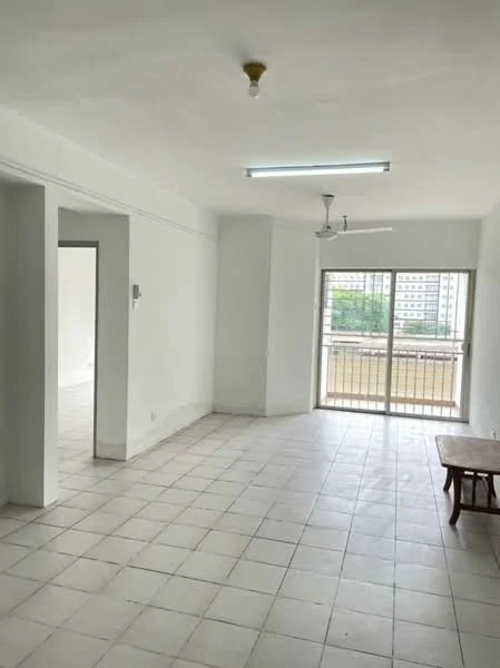 Living features: white painted walls, tile flooring, ceiling light fixture, 5-blade ceiling fan, sliding glass door, floor-to-ceiling windows, balcony view, natural light; view: city.