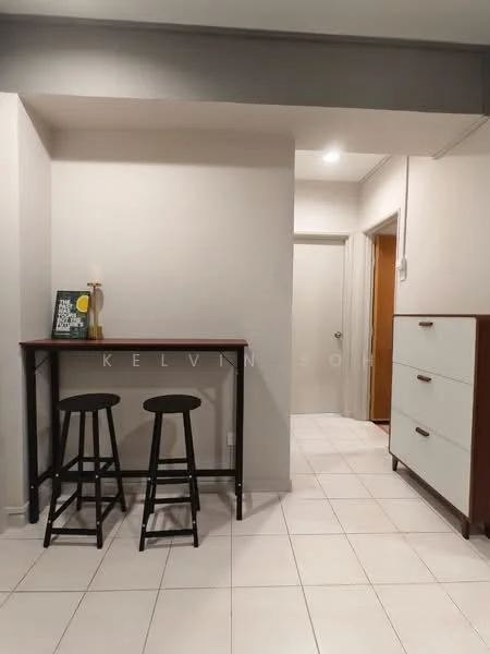 Room features: white painted walls, tile flooring, bar table, two black bar stools, white chest of drawers, doorway leading to another room, light ceiling, neutral color scheme; style: modern.
