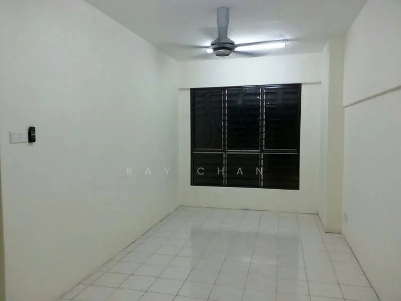 Room features: white painted walls, glossy white tile flooring, ceiling fan, black sliding windows, window treatments not visible, light fixture on ceiling.