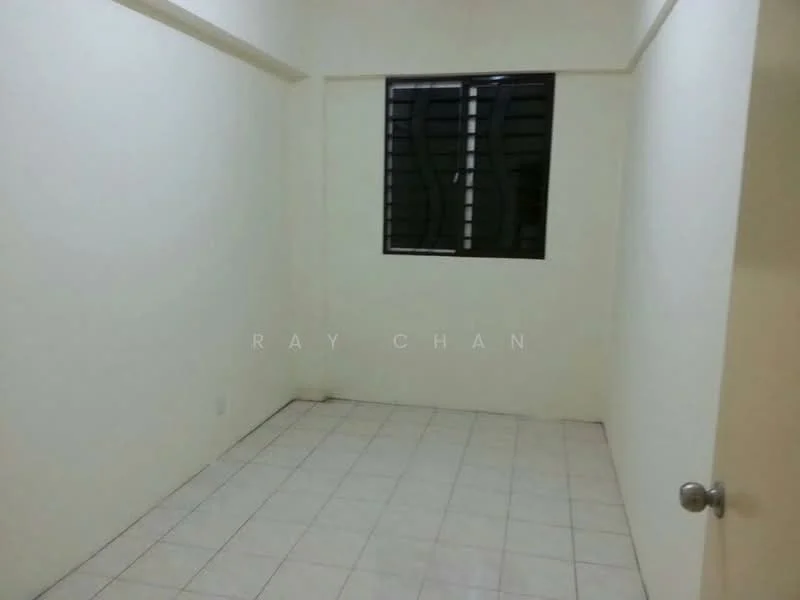 Room features: white painted walls, tile flooring, single window, plain ceiling, door with knob, no visible furniture.