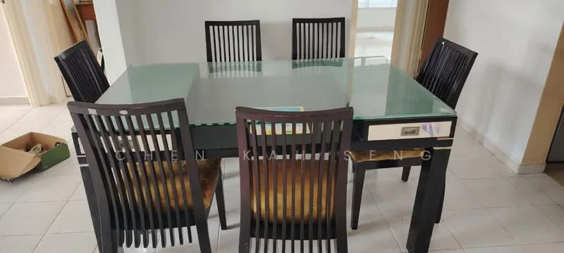 Dining features: glass-top dining table, 6-seater dining table, black wooden dining chairs, slatted back chairs, tile flooring, neutral wall color, natural light from windows, decorative wall art, box storage in corner; style: modern.