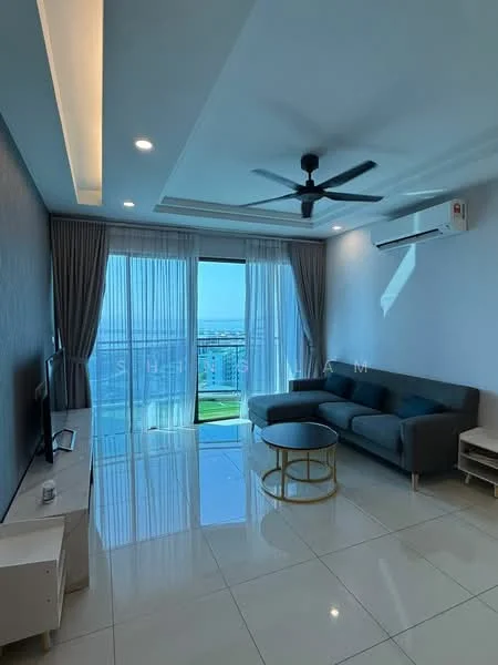 Living features: grey fabric sofa, round coffee table with gold accents, wall-mounted TV, TV console, floor-to-ceiling windows, sheer curtains, recessed downlights, 5-blade ceiling fan with light, split wall-mounted air conditioning unit, glossy tile flooring, accent wall with textured finish; style: modern; view: city.