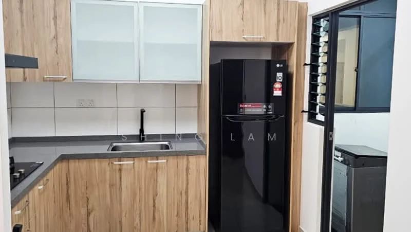 Kitchen features: light wood cabinetry, black refrigerator, stainless-steel sink, chrome pull-down faucet, grey countertop, built-in gas hob, white tiled backsplash, window with security bars, floor tiles, open shelving, under-cabinet lighting; style: modern.