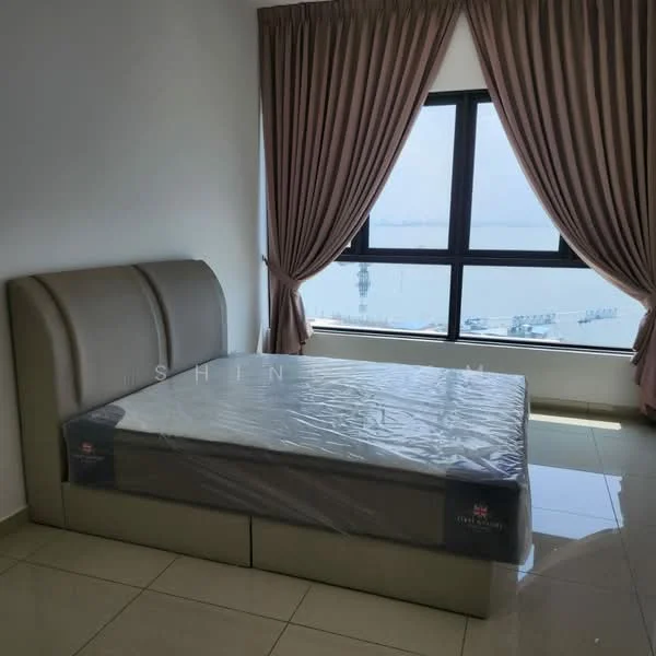 Bedroom features: king-size bed, upholstered headboard, floor-to-ceiling window, sheer curtains, tile flooring, sea view; style: modern; view: sea.