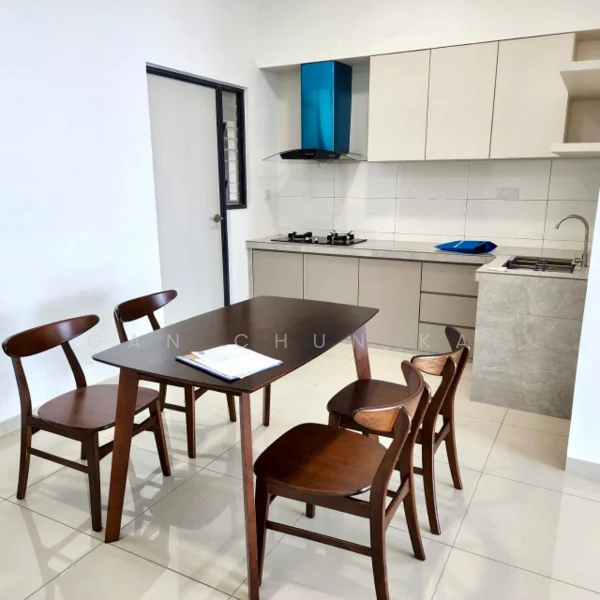Kitchen features: light grey cabinetry, white countertop, stainless-steel sink, chrome pull-down faucet, built-in gas hob, stainless-steel range hood, white tiled backsplash, dining table with four wooden chairs, cream tiled flooring, window with black grille, blue accent wall behind hood; style: modern.