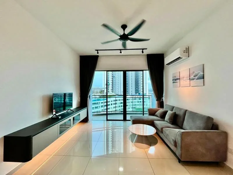 Living features: 3-seater fabric sofa in grey, coffee table, wall-mounted TV, TV console with storage, floor-to-ceiling windows, sliding glass door, sheer curtains, 5-blade ceiling fan with light, recessed downlights, glossy tile flooring, decorative wall art, air conditioning unit; style: modern; view: city.