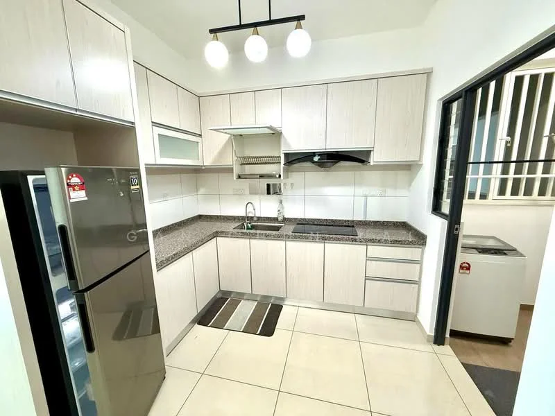 Kitchen features: granite countertop, stainless-steel sink, chrome pull-down faucet, built-in oven, freestanding range oven, stainless-steel fridge, white shaker cabinets, tile flooring, recessed downlights, wall-mounted kitchen hood, open shelving, window with grill, washing machine, kitchen mat; style: modern.