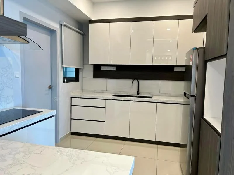 Kitchen features: white glossy cabinetry, black countertop, marble-patterned backsplash, stainless-steel sink, chrome pull-down faucet, built-in oven, freestanding fridge, induction cooktop, under-cabinet lighting, tile flooring, window with roller blinds; style: modern.