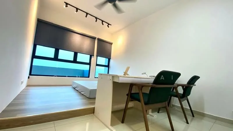Room features: white painted walls, wooden flooring, recessed downlights, 5-blade ceiling fan, large windows, roller blinds, built-in desk, green upholstered chairs, platform bed area, minimalist decor; style: modern; view: city.