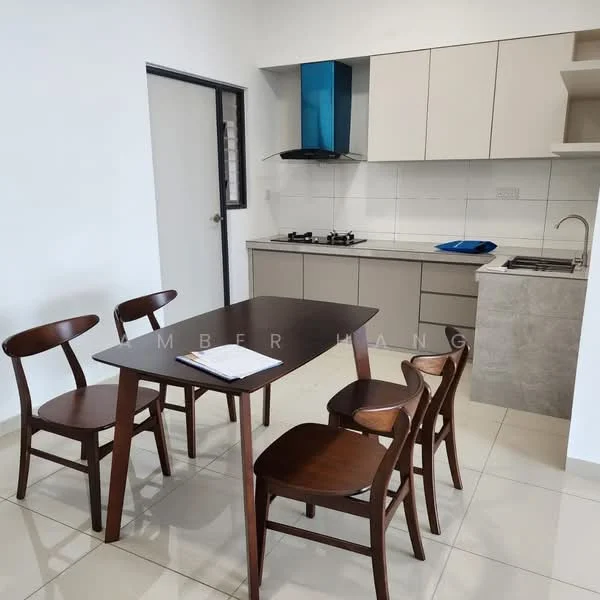 Kitchen features: grey cabinetry, white tiled backsplash, stainless-steel sink, chrome pull-down faucet, built-in gas hob, exhaust hood, white countertop, dining table with four wooden chairs, cream tiled flooring, window with black frame; style: modern.