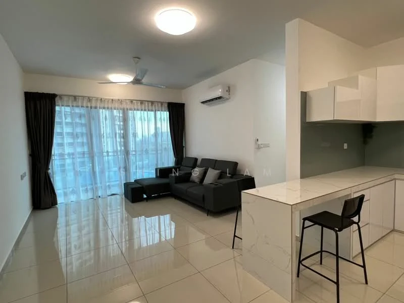 Living features: 3-seater fabric sofa in black, coffee table, floor-to-ceiling windows, sheer curtains, white walls, recessed downlights, ceiling fan, glossy tile flooring, air conditioning unit, open-plan layout with kitchen, marble countertop at kitchen island, bar stools; style: modern; view: city.