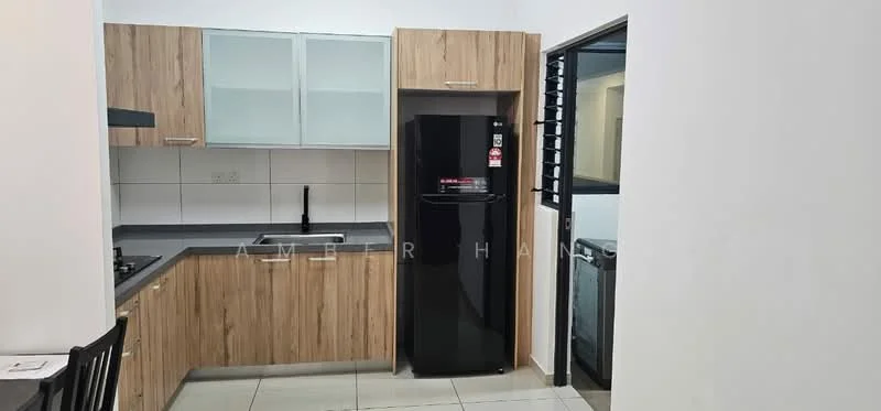 Kitchen features: laminate cabinetry in wood finish, black refrigerator, stainless-steel gas hob, black countertop, white tiled backsplash, white tiled walls, ceramic tile flooring, window with security bars, sink, kitchen island with seating, open layout; style: modern.