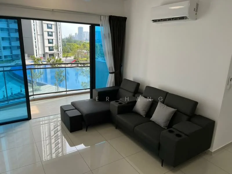 Living features: black leather sectional sofa, two decorative pillows, coffee table, floor-to-ceiling windows, sliding glass door, white painted walls, tile flooring, wall-mounted split AC; style: modern; view: pool.