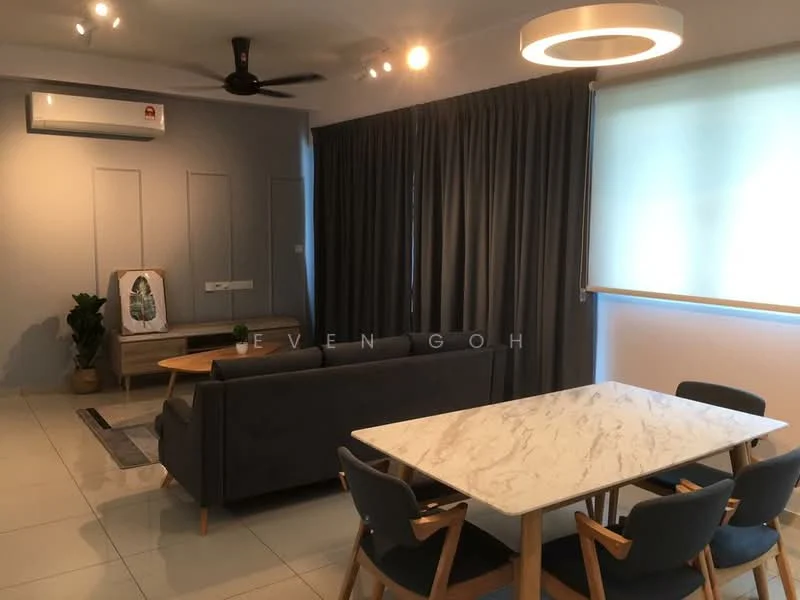 Living features: 3-seater fabric sofa in grey, coffee table, TV console, wall-mounted split AC, 5-blade ceiling fan with light, recessed downlights, curtains in grey, marble tile flooring, decorative plant in ceramic pot, area rug with geometric pattern, dining table with marble top, 4 upholstered dining chairs; style: modern.