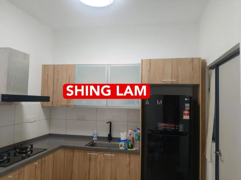 Kitchen features: laminate cabinetry in light wood finish, grey countertop, stainless-steel sink, chrome pull-down faucet, built-in gas hob, exhaust hood, black fridge, wall-mounted cabinets, tile backsplash, white painted walls, recessed ceiling light; style: modern.