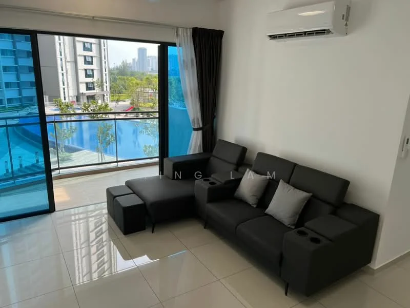 Living features: black leather sectional sofa, 2-seater with chaise lounge, coffee table, floor-to-ceiling windows, sliding glass door, white painted walls, glossy tile flooring, 1 wall-mounted split AC, sheer curtains, decorative cushions; style: modern; view: pool.