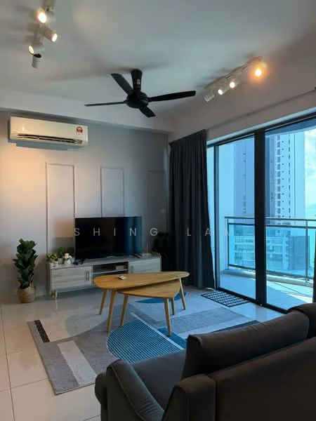Living features: 3-seater fabric sofa in grey, coffee table with wooden legs, area rug with geometric pattern, wall-mounted TV, TV console with storage, floor-to-ceiling windows, sliding glass door, curtains, 1 wall-mounted split AC, ceiling fan with light, decorative plant in ceramic pot, recessed downlights; style: modern; view: city.