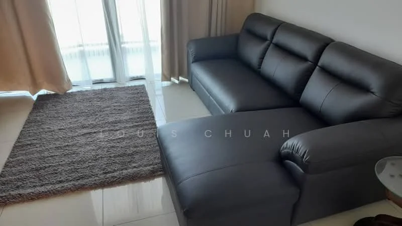 Living features: L-shape sectional sofa in black leather, area rug in brown with shaggy texture, floor-to-ceiling windows, sheer curtains, polished tile flooring, coffee table, decorative wall, natural light from windows; style: modern.