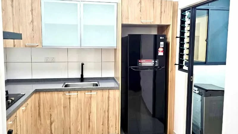 Kitchen features: laminate cabinetry with wood finish, grey granite countertop, single-bowl stainless-steel sink, chrome pull-down faucet, built-in gas hob, black fridge, white tiled backsplash, floor-to-ceiling window, sliding glass door, open shelving; style: modern.