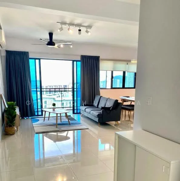 Living features: 3-seater fabric sofa in grey, coffee table, area rug with geometric pattern, floor-to-ceiling windows, sliding glass door, curtains in dark grey, ceiling fan with integrated LED light, recessed downlights, wall-mounted TV, decorative plant in ceramic pot, light-coloured walls, glossy tile flooring; style: modern; view: city.