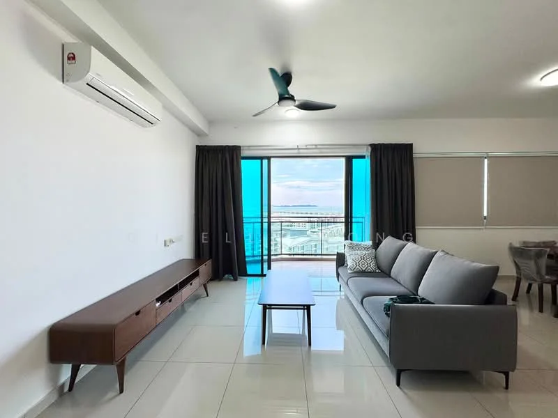 Living features: grey fabric 3-seater sofa, wooden coffee table, wall-mounted TV console, floor-to-ceiling windows, sliding glass door, curtains, ceiling fan with light, wall-mounted split AC, tile flooring, neutral painted walls; style: modern; view: sea.