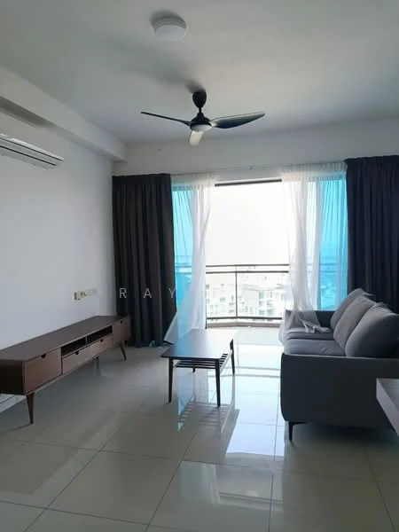 Living features: floor-to-ceiling windows, grey fabric sofa, wooden coffee table, TV console, 3-blade ceiling fan, white painted walls, glossy tile flooring, curtains in blue and grey, air conditioning unit; style: modern; view: city.
