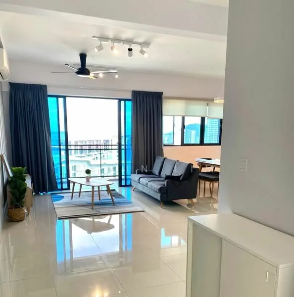 Living features: 3-seater fabric sofa in grey, coffee table, area rug, floor-to-ceiling windows, curtains, recessed LED downlights, ceiling fan, polished tile flooring, decorative plant, wall-mounted TV, dining area visible in background; style: modern; view: city.