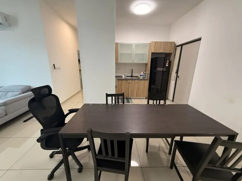 Dining features: rectangular dining table, 4 dining chairs, black wooden dining table, white walls, tile flooring, recessed ceiling light, air conditioning unit on wall, open kitchen layout visible in background, stainless-steel fridge in background, kitchen cabinetry in light wood finish; style: modern.